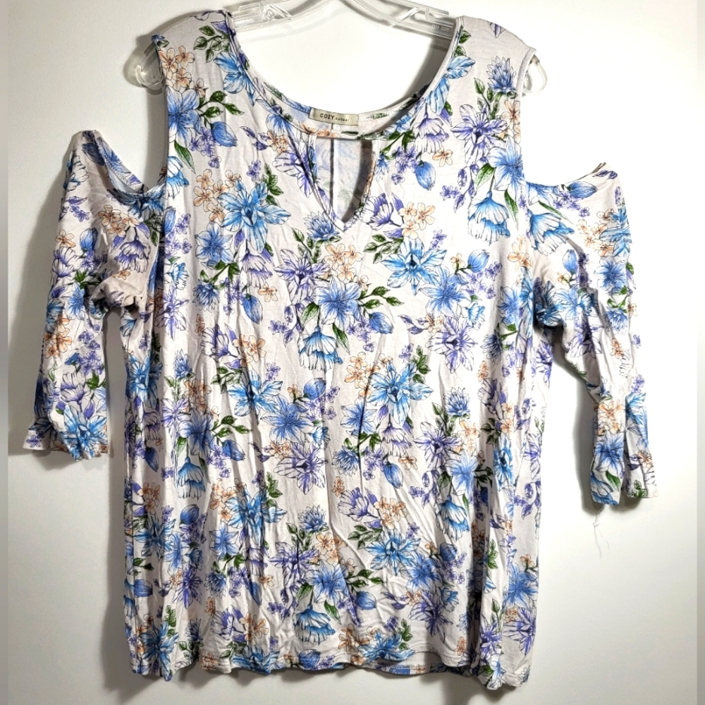 Cozy Casual white with blue floral design tunic women's L  #1962